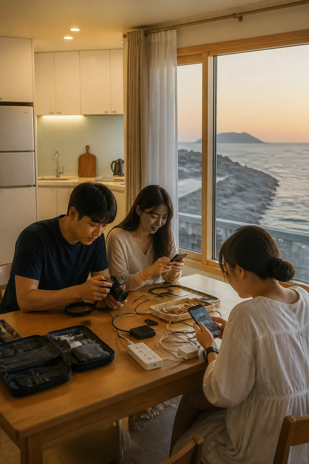 해안 관광 후 펜션 객실에서 카메라와 휴대전화를 충전하며 사진을 정리하는 포항펜션 여행 장면