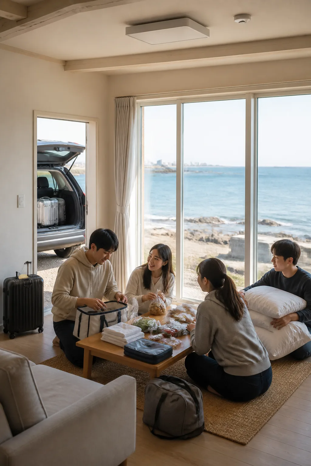 포항펜션에서 가족과 친구들이 침구와 식사 준비를 확인하며 해안·도심 여행을 준비하는 모습