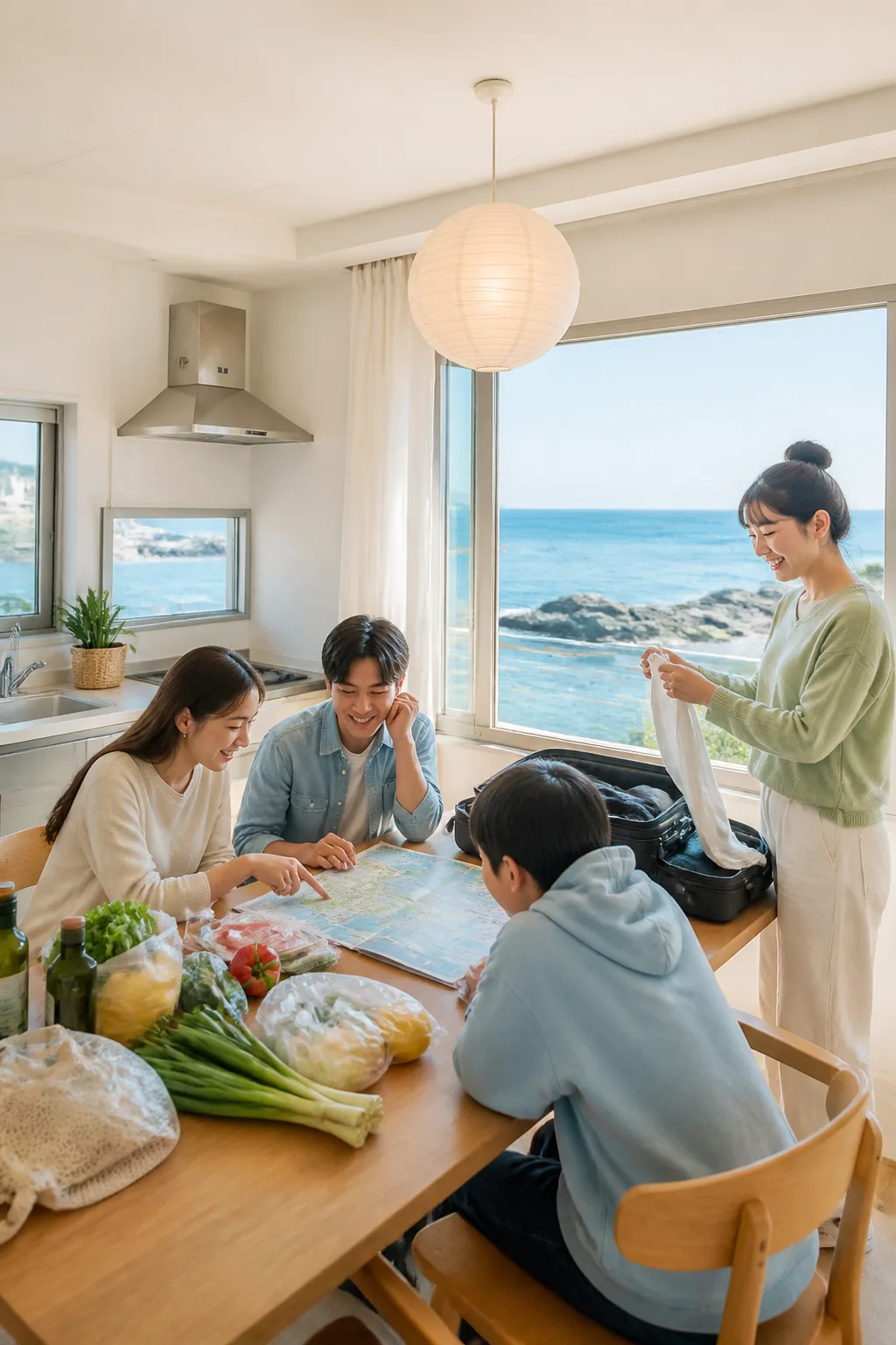포항펜션에서 장보기 식재료와 여행 지도를 준비하며 해안·도심 동선을 살펴보는 모습