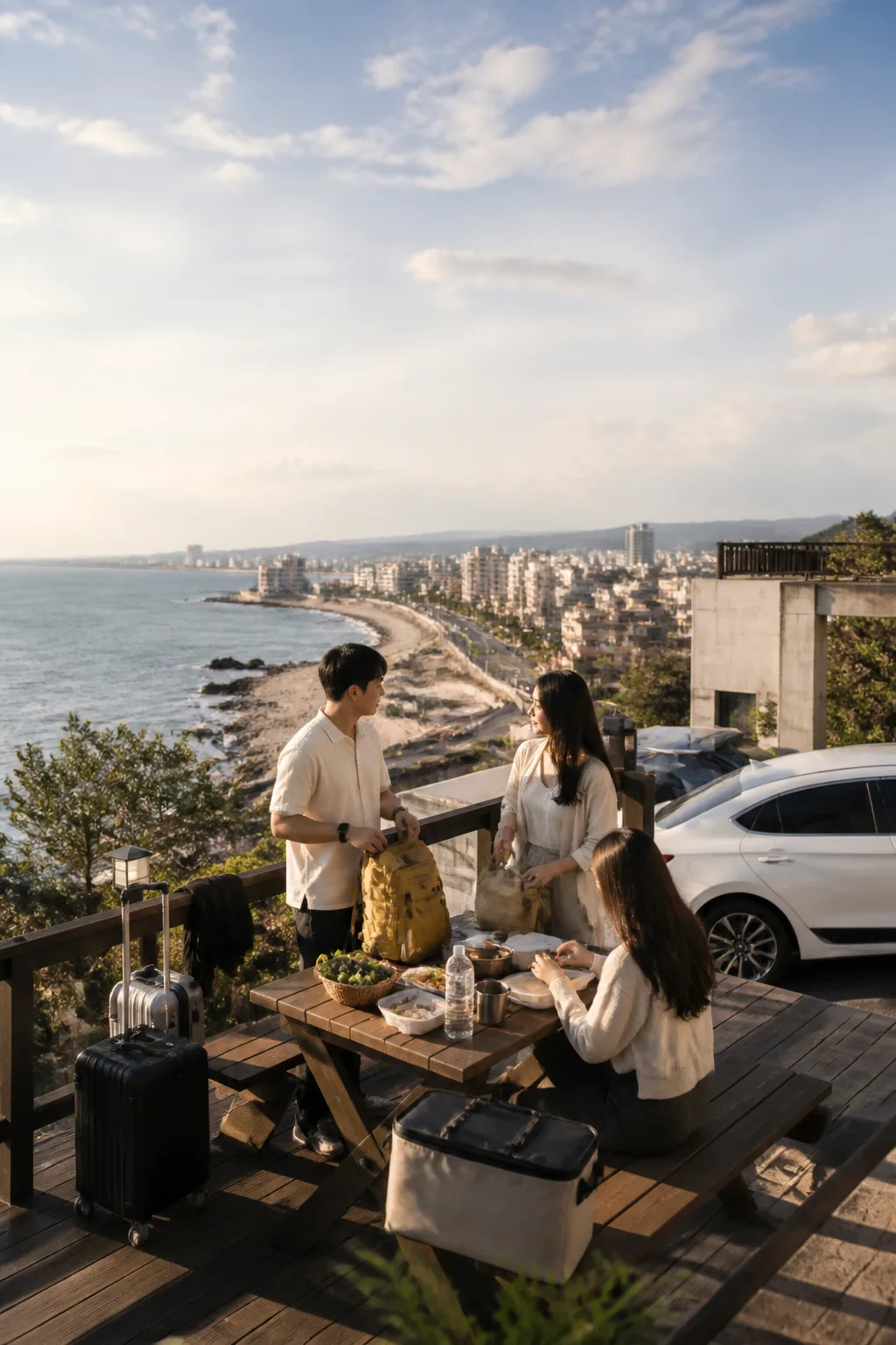 해안과 도심 여행 동선을 살펴보며 펜션 테라스에서 식사와 짐을 준비하는 포항펜션 여행 장면
