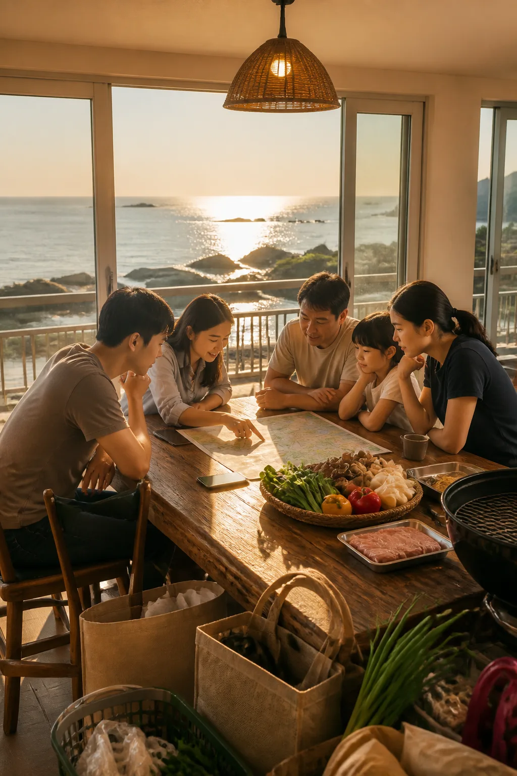 포항펜션 공용공간에서 가족과 친구들이 해안 여행 일정과 식사 비용을 상의하는 모습