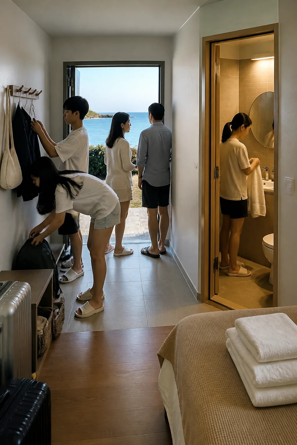 해안 관광 후 객실에서 짐과 젖은 옷을 정리하는 포항펜션 여행 장면