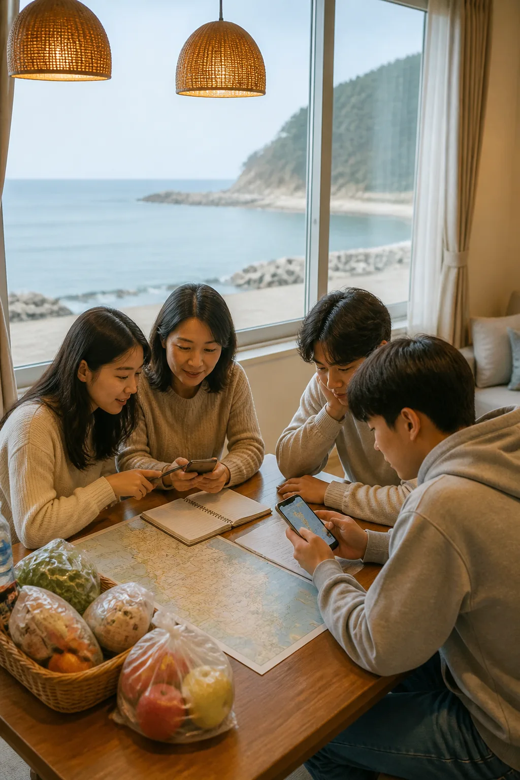 포항펜션 공용공간에서 해안 관광과 도심 식사 일정을 정리하는 여행 준비 장면
