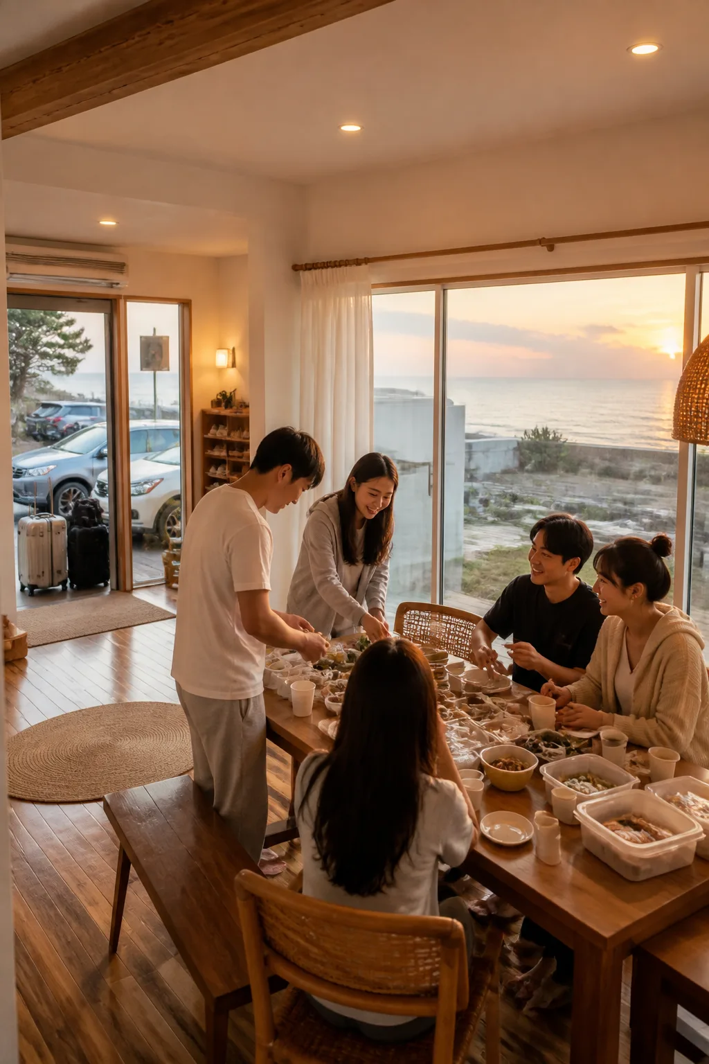 포항펜션 공용 식탁에서 해안 여행 후 포장 음식으로 식사하는 가족 여행 장면