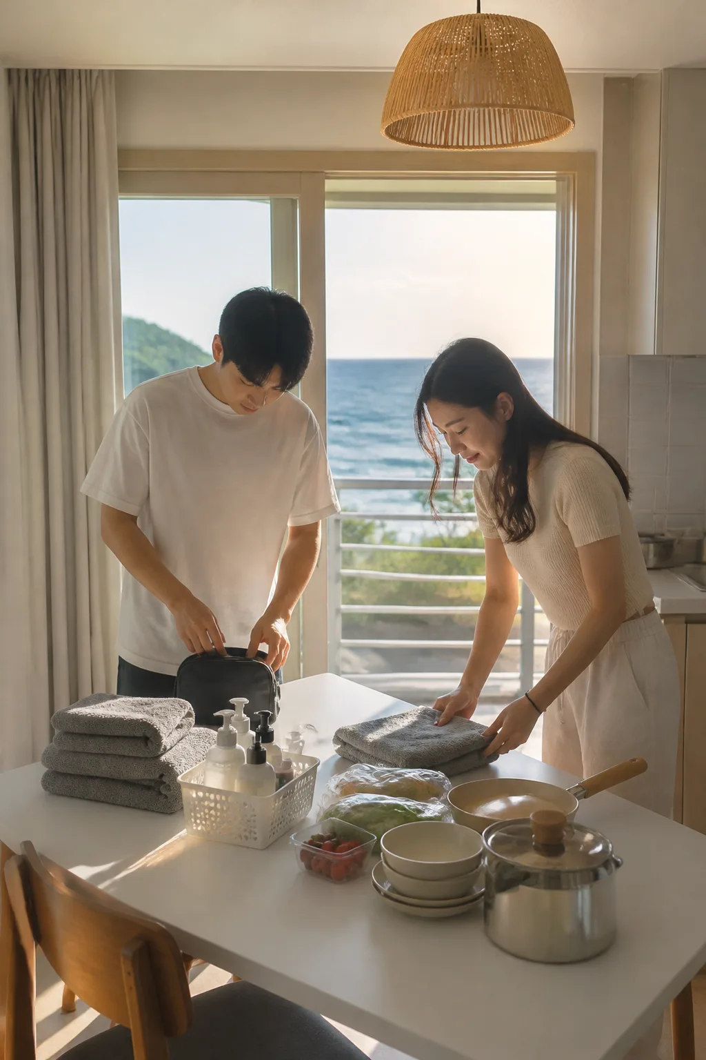 포항펜션 객실에서 수건과 주방용품을 정리하며 해안 여행을 준비하는 모습