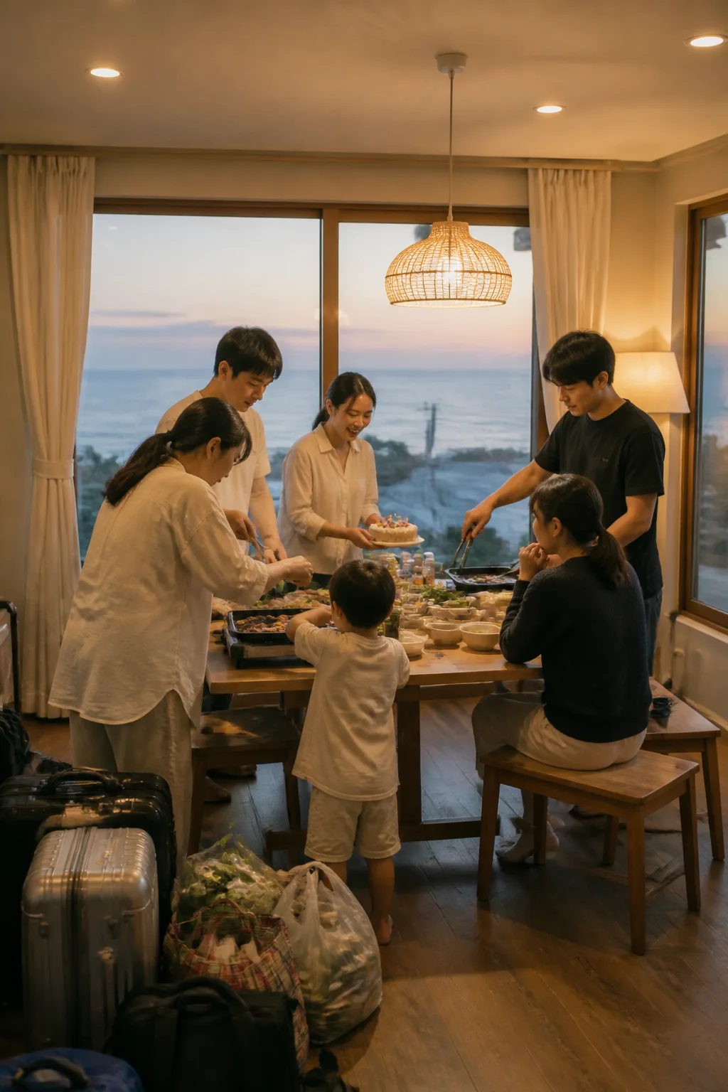 해안과 도심 여행 뒤 펜션에서 케이크와 식사를 준비하는 포항펜션 기념일 여행 장면