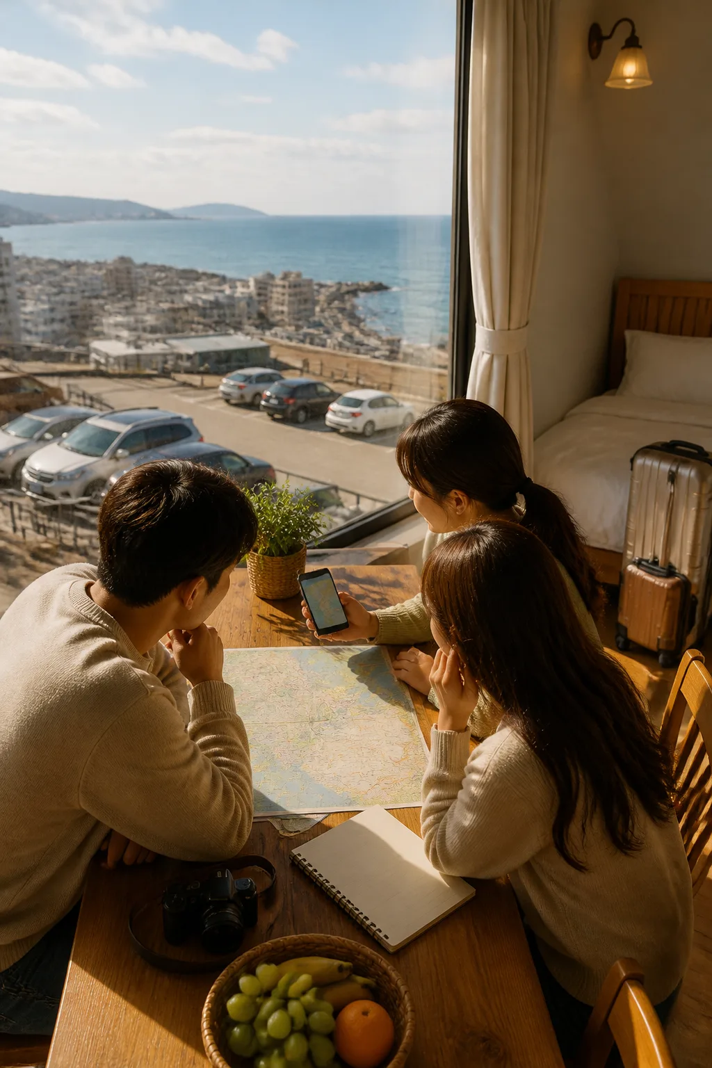 해안과 도심 일정표를 준비하는 포항펜션 여행 객실 모습