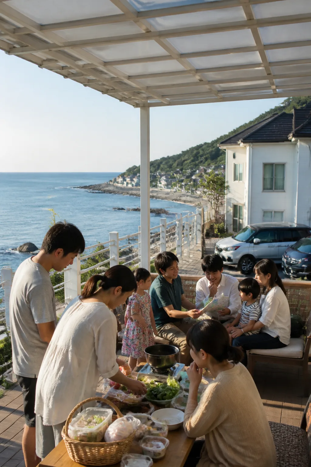 포항펜션 공용 테라스에서 가족과 친구들이 해안 여행과 도심 식사 일정을 의논하는 모습