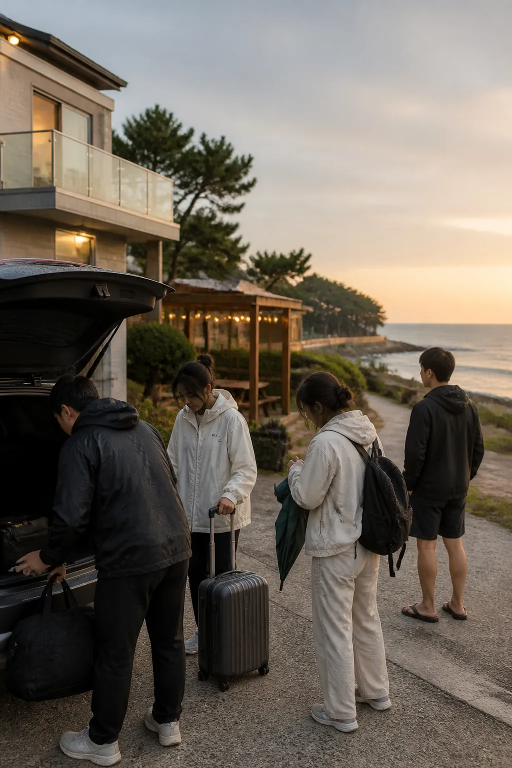 해변 산책 후 숙소로 돌아온 여행객과 포항펜션 주변 해안 풍경