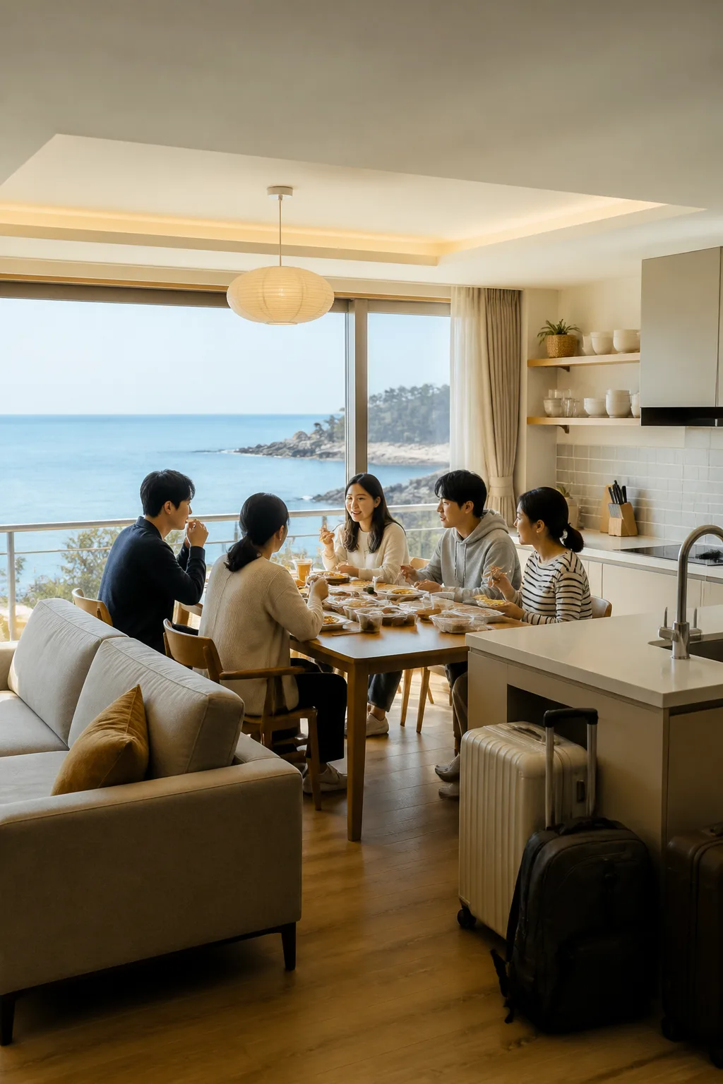 바다 풍경을 보며 식사와 휴식을 즐기는 포항펜션 객실